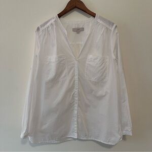 LOFT Women’s 100% Cotton Sz. L Roll-Tab Collarless Blouse White Button Front